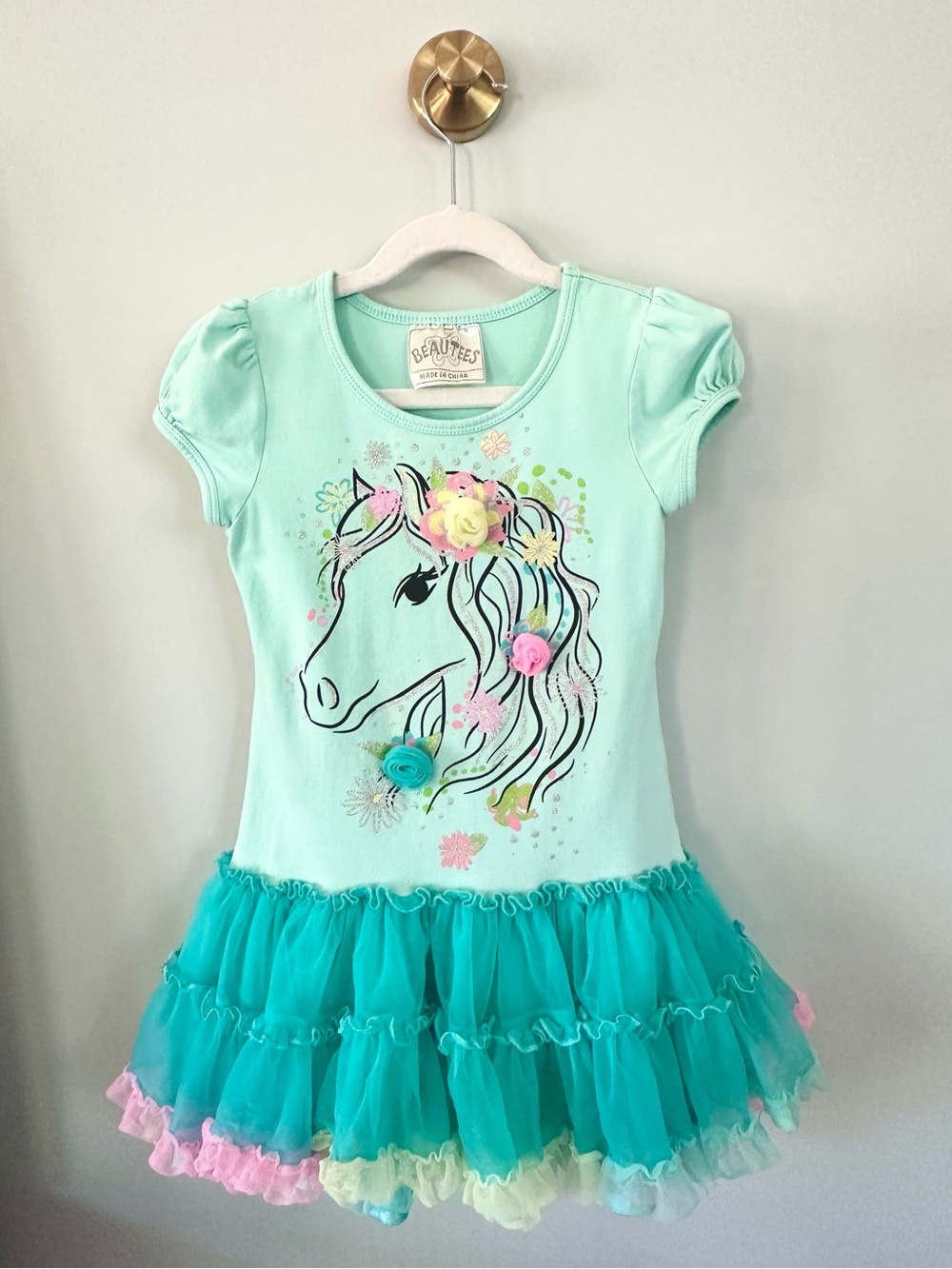 Beautees Unicorn Tutu Dress Size 5 Aqua Glitter Floral Applique Party Dress